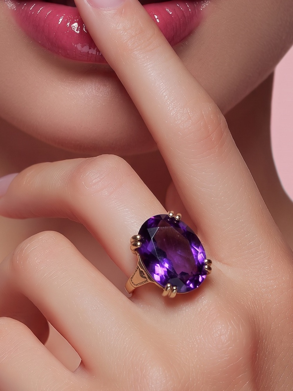 Fashion Jewelry Gold-Tone Ring with Deep Purple Oval Stone